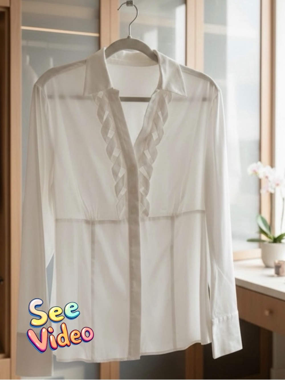 👛 (ANY 2/$20) RICKI’S White Long Sleeved Blouse Lattice Loops with Yoke Seam